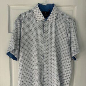 Suslo Couture Slim Fit Button Down Shirt XXL White Blue Geometric Stretch Short